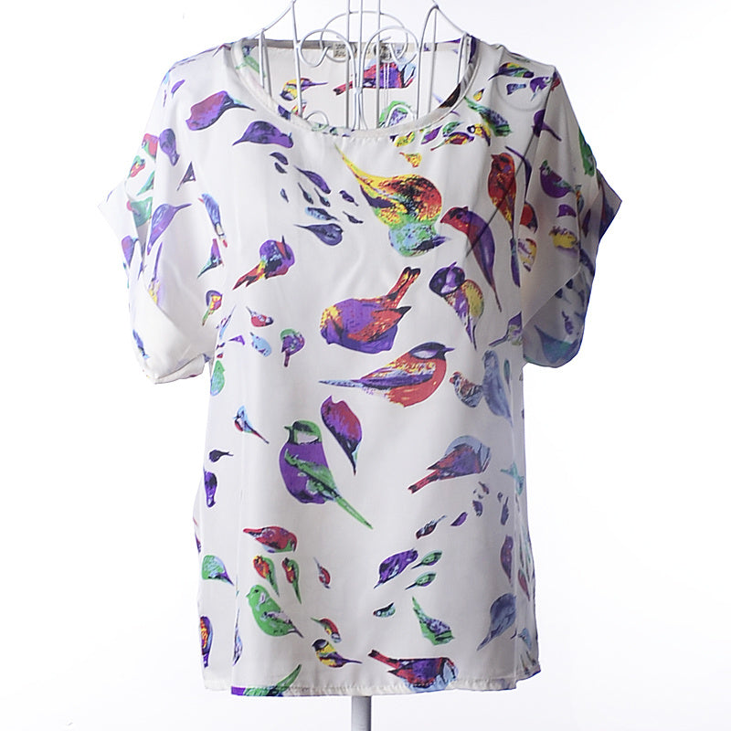 USA SIZE Short-sleeved loose large size top printed chiffon shirt