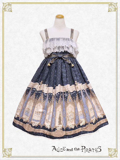 Traveler's Song Women's Cupid Church Printing Lolita JSK Dress Sleeveless Suspender Kawaii Dress Bows Cute Color Blue