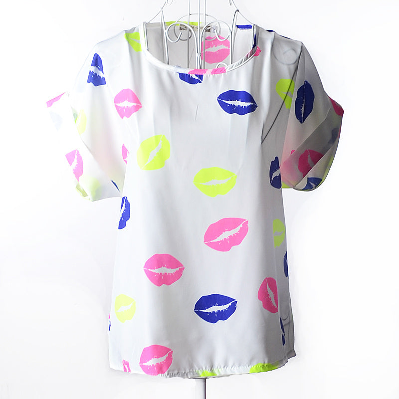 USA SIZE Short-sleeved loose large size top printed chiffon shirt