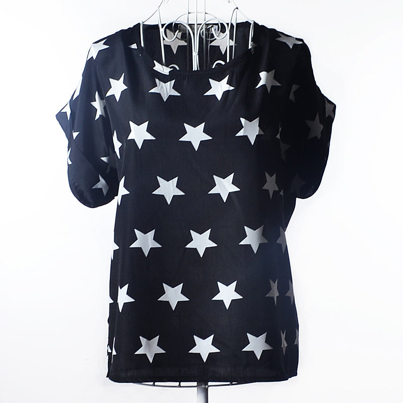 USA SIZE Short-sleeved loose large size top printed chiffon shirt