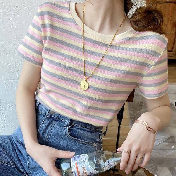 Stripe Short Sleeve T-shirt Short  Women's Slim Top Student Korean Base Coat