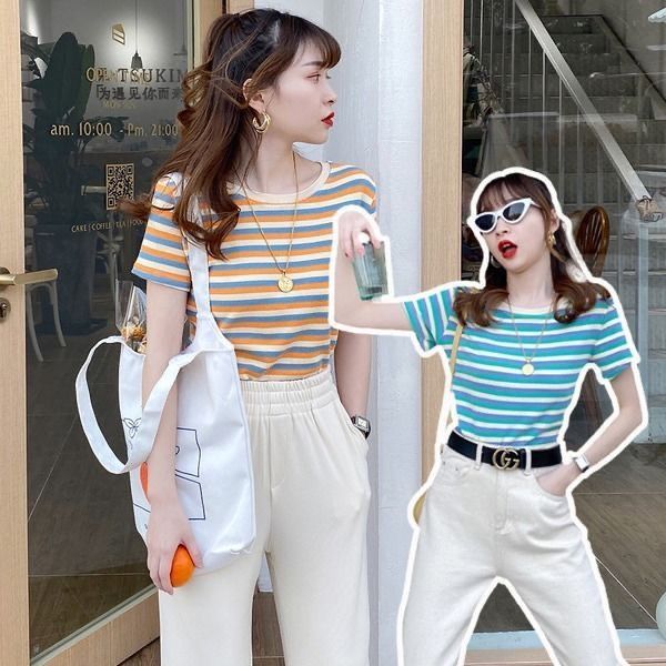 Stripe Short Sleeve T-shirt Short  Women's Slim Top Student Korean Base Coat