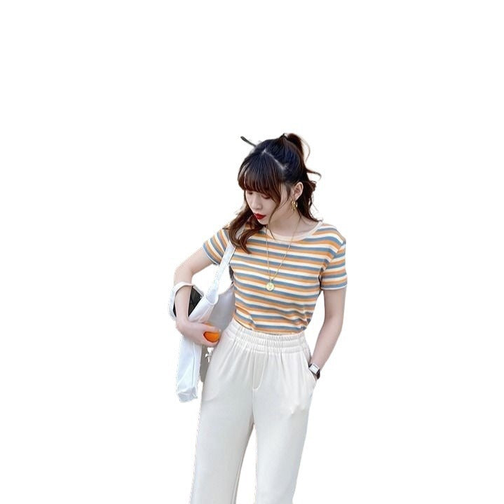 Stripe Short Sleeve T-shirt Short  Women's Slim Top Student Korean Base Coat