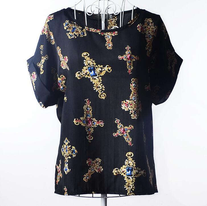 USA SIZE Short-sleeved loose large size top printed chiffon shirt