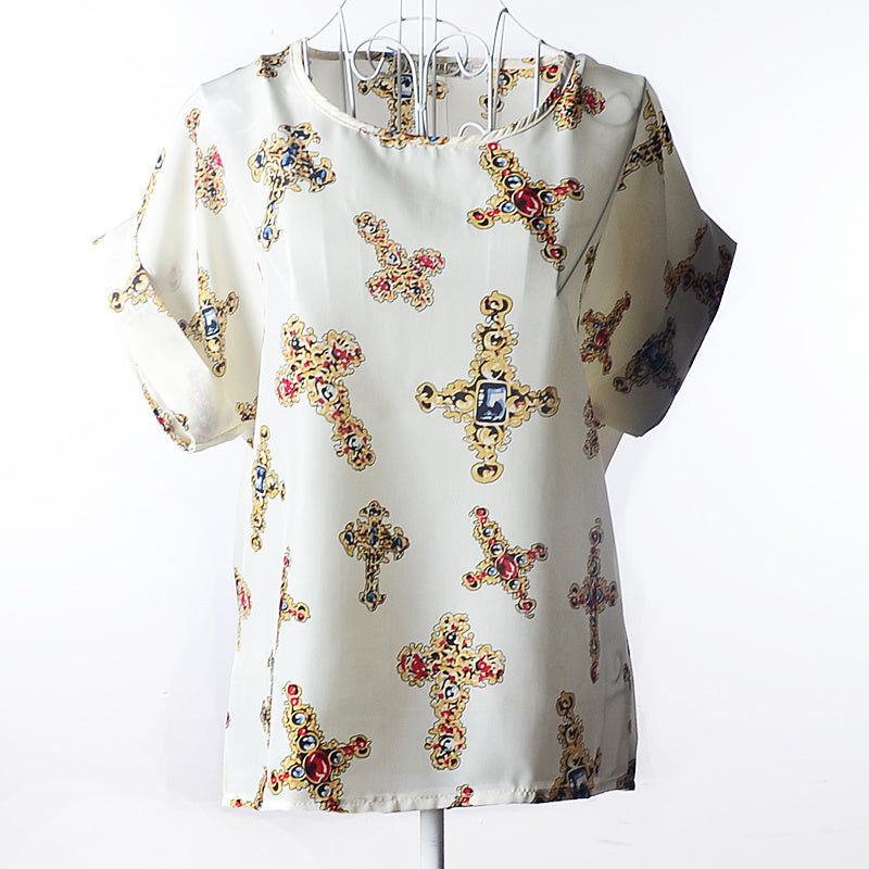 USA SIZE Short-sleeved loose large size top printed chiffon shirt