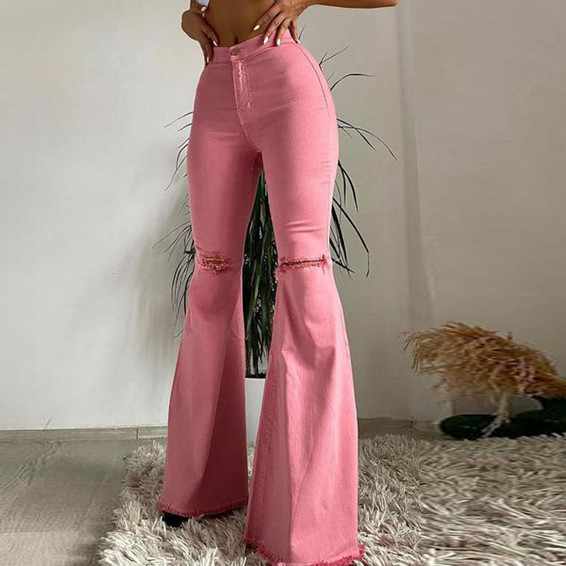 Colored Stretch Denim Trousers With Ripped Frayed Flared Trousers