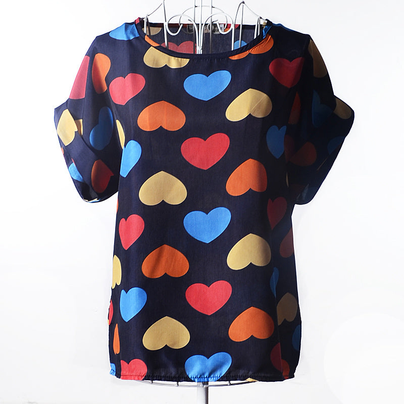 USA SIZE Short-sleeved loose large size top printed chiffon shirt