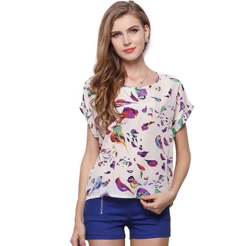 USA SIZE Short-sleeved loose large size top printed chiffon shirt