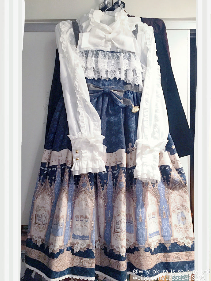 Traveler's Song Women's Cupid Church Printing Lolita JSK Dress Sleeveless Suspender Kawaii Dress Bows Cute Color Blue