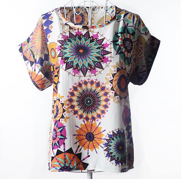 USA SIZE Short-sleeved loose large size top printed chiffon shirt